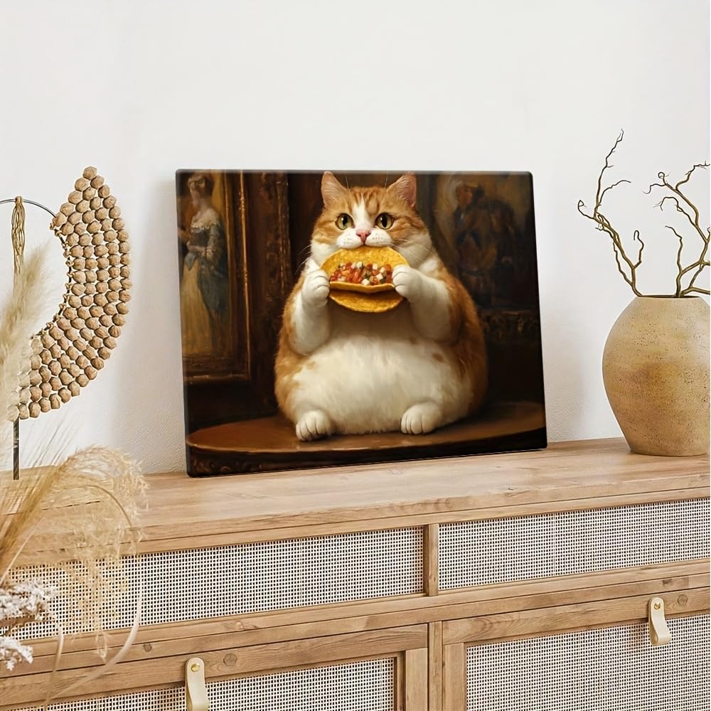 Gruby kot siedzi na stole, obraz dekoracyjny ze zwierzętami do salonu (20 x 40 cm/z ramą)
