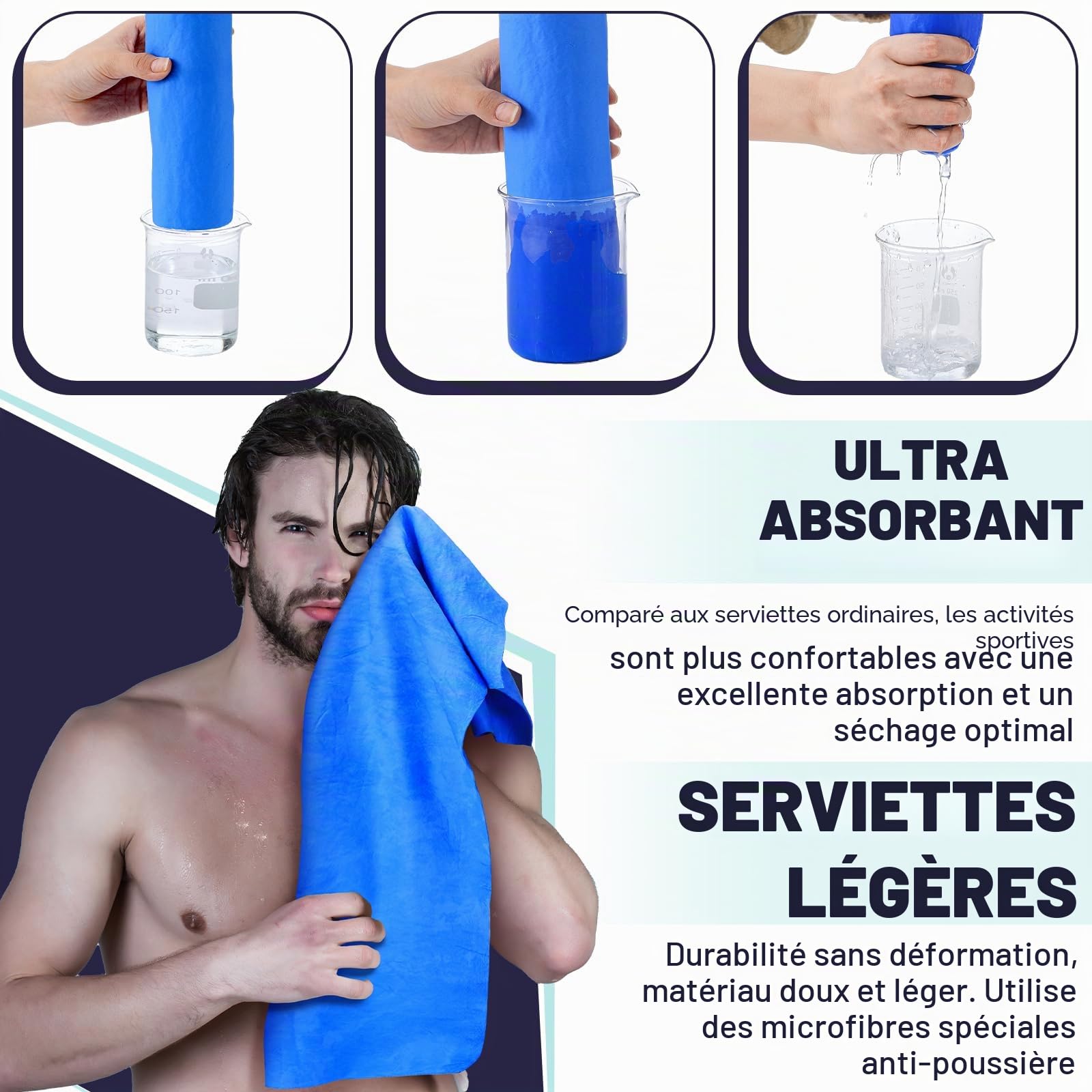 Tisancy Lot de 4 serviettes de natation en chamois pour plongée, natation, triathlon et autres sports nautiques (66 x 43,2 cm, bleu, vert, gris foncé, violet)