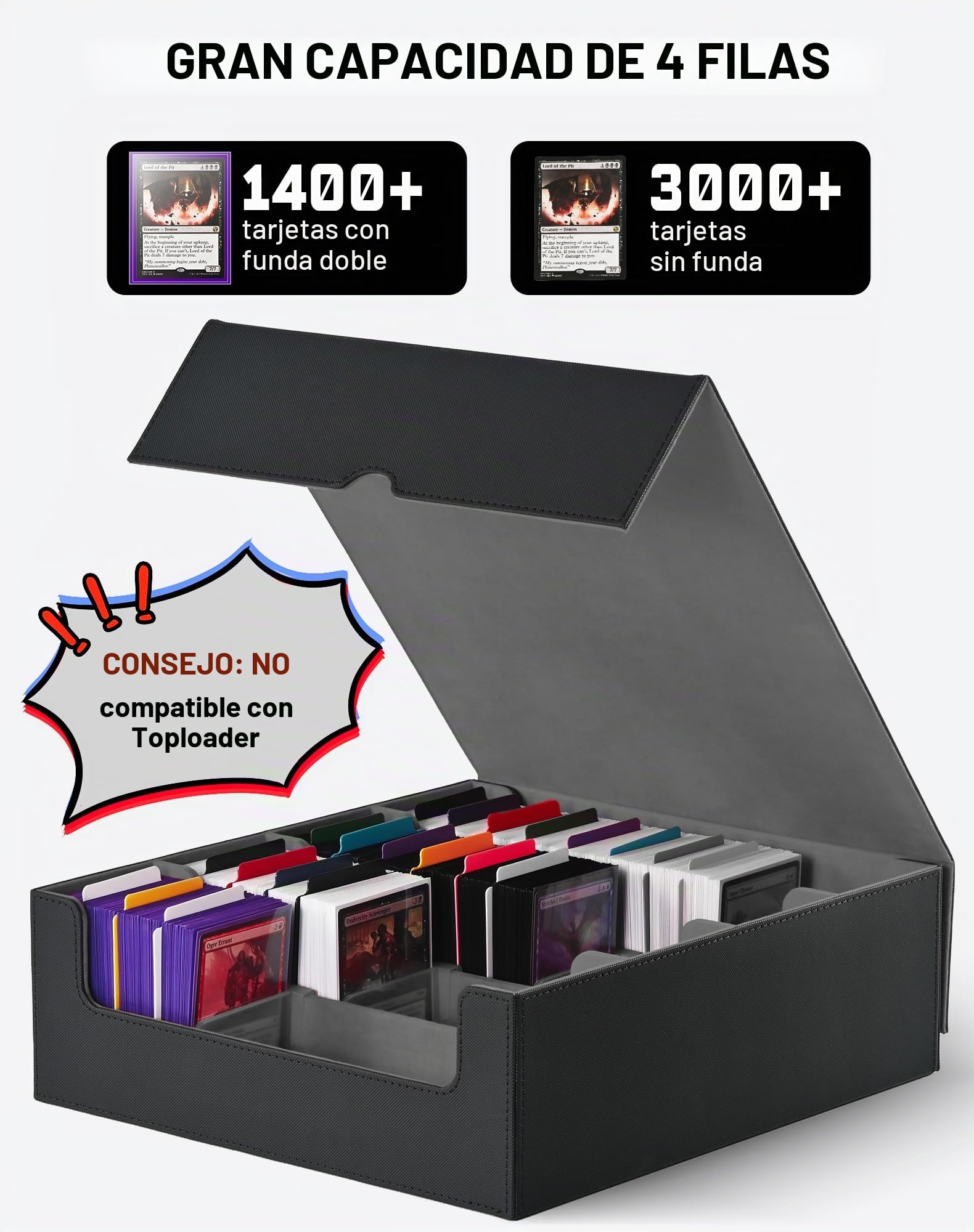 ZLCA Caja de Almacenamiento para Tarjetas Coleccionables TCG, Cuádruple MTG para 2400+ Tarjetas, 24 Divisores Coloridos, 4 Tapones, Cubierta de Cuero Sintético