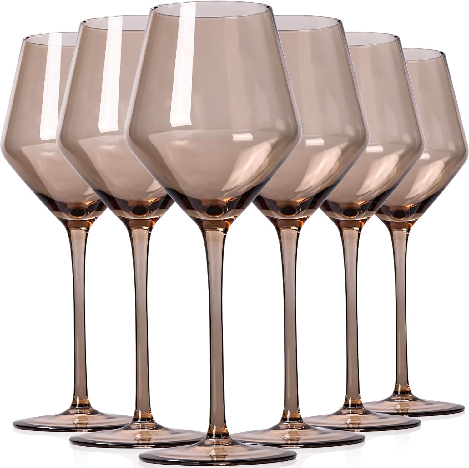 Smokey Sand Wine Glasses Set 6-16oz, Long Stem, Universal Size for White and Red Wine - Hand Blown Smoky Amber Brown Neutral Stemware for Home,Party Smokey Grey