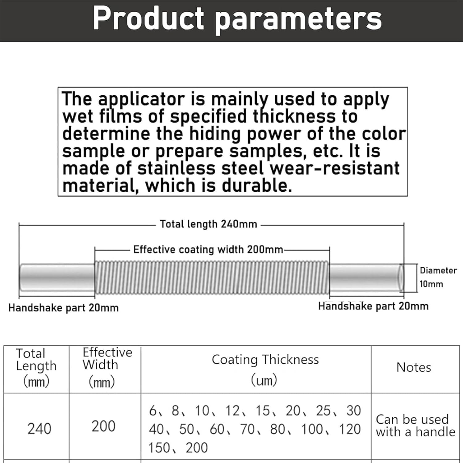 COYEUX Handheld Ink Scraping Tool, Stainless Steel Wet Film Applicator, Coater Film Width 200mmand Total Length 240mm, with Hand Shank, Measuring Hiding Power of Paint, for Lab & Industrial Coating