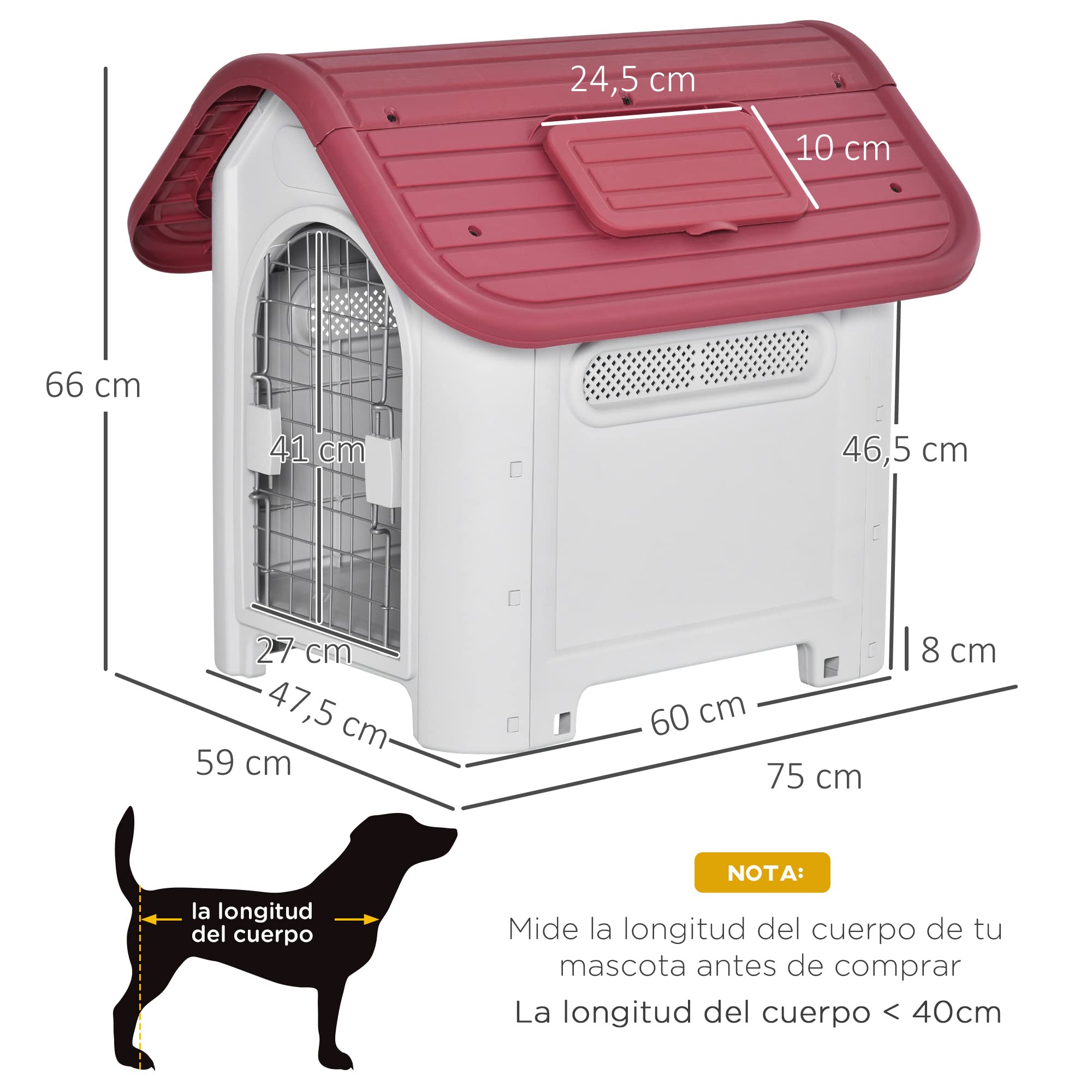PawHut Caseta para Perro con Puerta Extraíble Base Elevada 3 Respiraderos y Ventana Abrible Caseta de Perros para Interior y Exterior 59x75x66 cm Gris Rojo