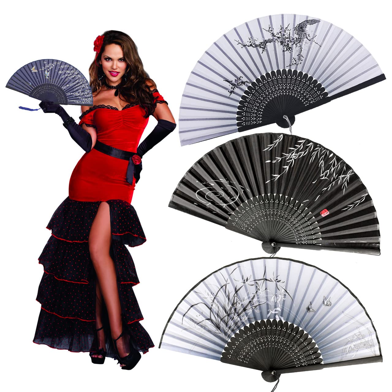 iZoeL Hand Held Silk Folding Fans Hand Fans Fabric Folding Handheld Bamboo Fans Pocket Fans with Tassel with 4 Delicate Bags for Wedding Hen Party Performance Dancing Party Favours Guest Gift - Image 3