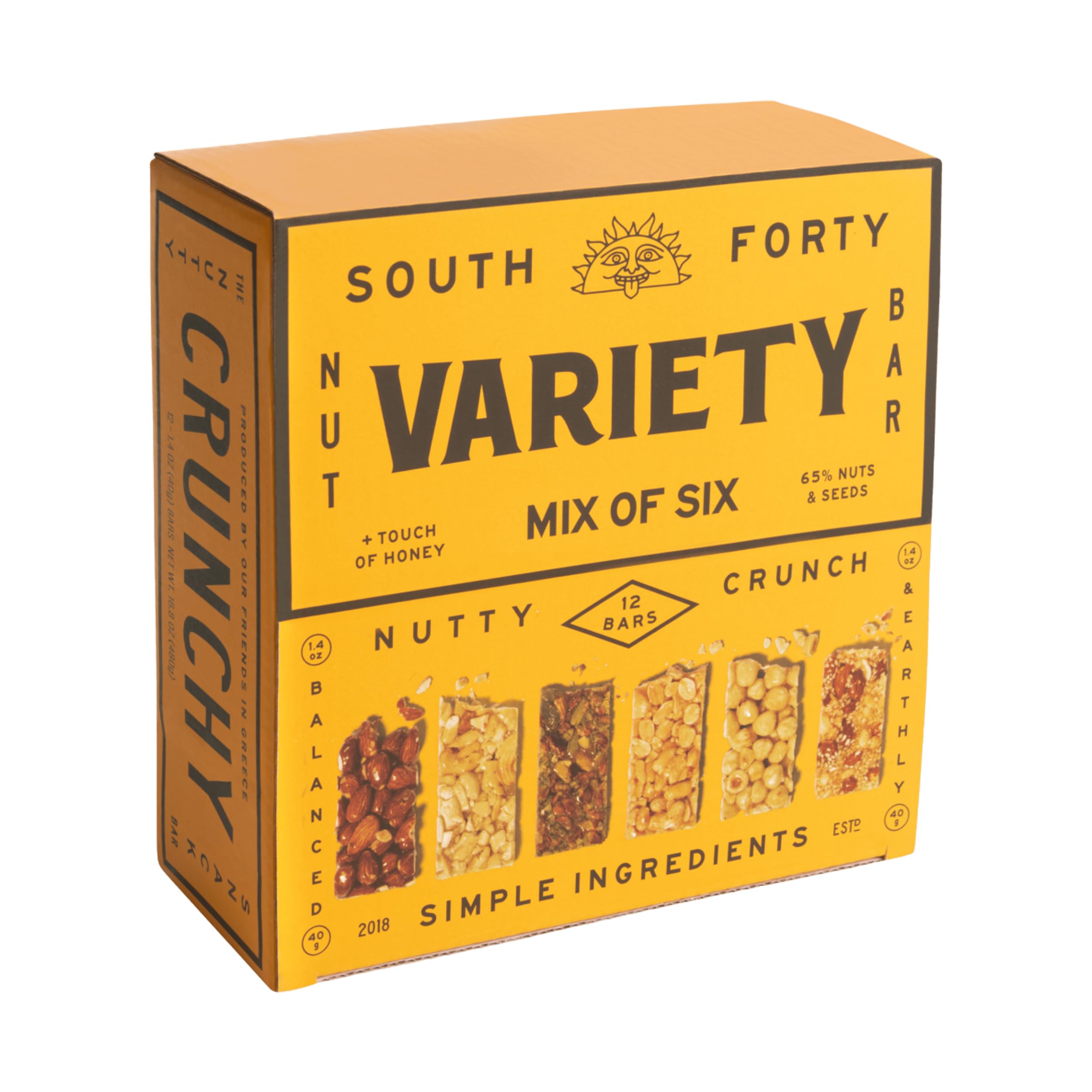 South 40 Snacks Crunchy Nut Bars, Mix of 6 Variety Pack, Touch of Honey, Natural Protein (40g Bar, Pack of 12)