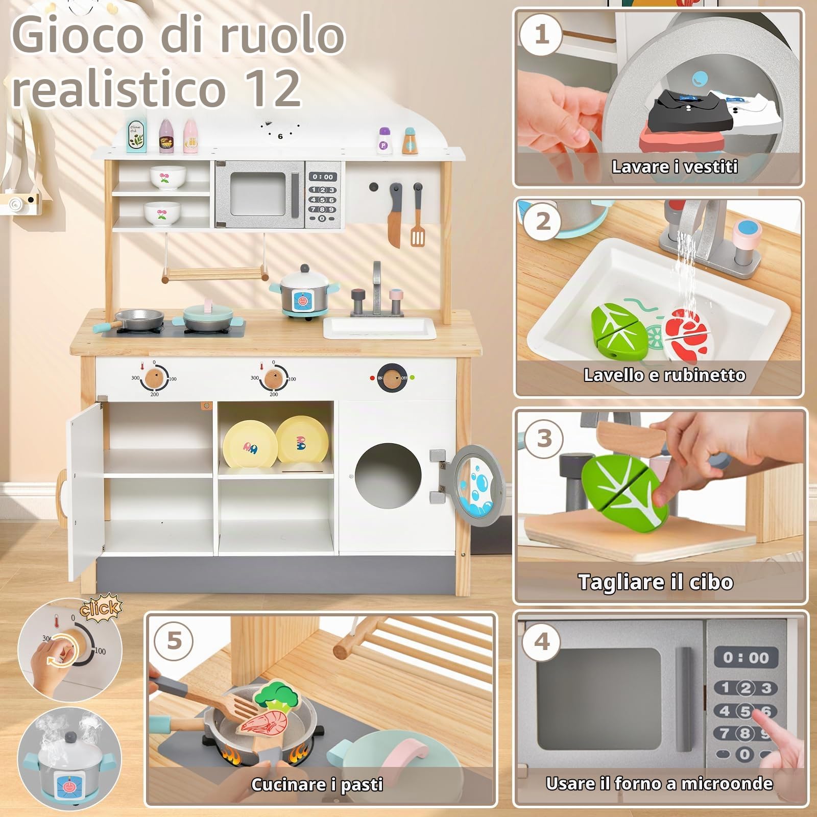 HOMASIS Cucina Legno per Bambini con Grembiule e Cappello da Cuoco, Cucinetta per Bambini Legno, Cucina Giocattolo per 3+ Anni, 79,5 x 35,5 x 98 cm