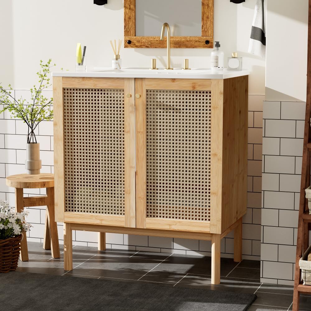 30 Inch Boho Rattan Bathroom Vanity, 30" Solid-Wood Bamboo MDF Bathroom Vanities Single Ceramic Sink, 30 Freestanding Vanity Cabinet with 2 Soft-Close Doors, Metal Handle, Easy Assembly (Bamboo)