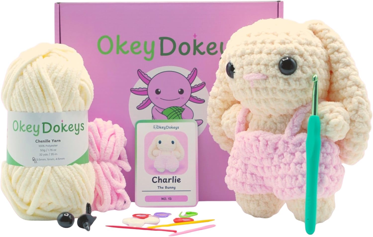 Okeydokeys Crochet Kit for Beginners, Crafts for Adults, Fun Stuff -Step-by-Step YouTube Starter Kit - Thick Chenille Yarn and Craft Supplies Included, Cute Amigurumi Art kit (Charlie The Bunny Kit)