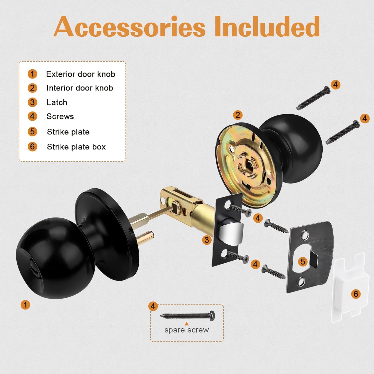 Probrico Ball Privacy Interior Door Knobs Bedroom and Bathroom Door Handle Keyless Black Lockset Stainless Steel,6 Pack