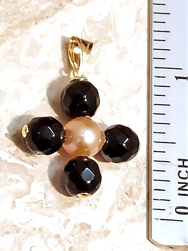 Miniatura 5 de Modern Teenager Birthday Cross pendant for girl HANDMADE Designer 18k Gift for Teen Akoya Natural Pearl ONYX ONEOFAKIND Christian Crucifix SOLID