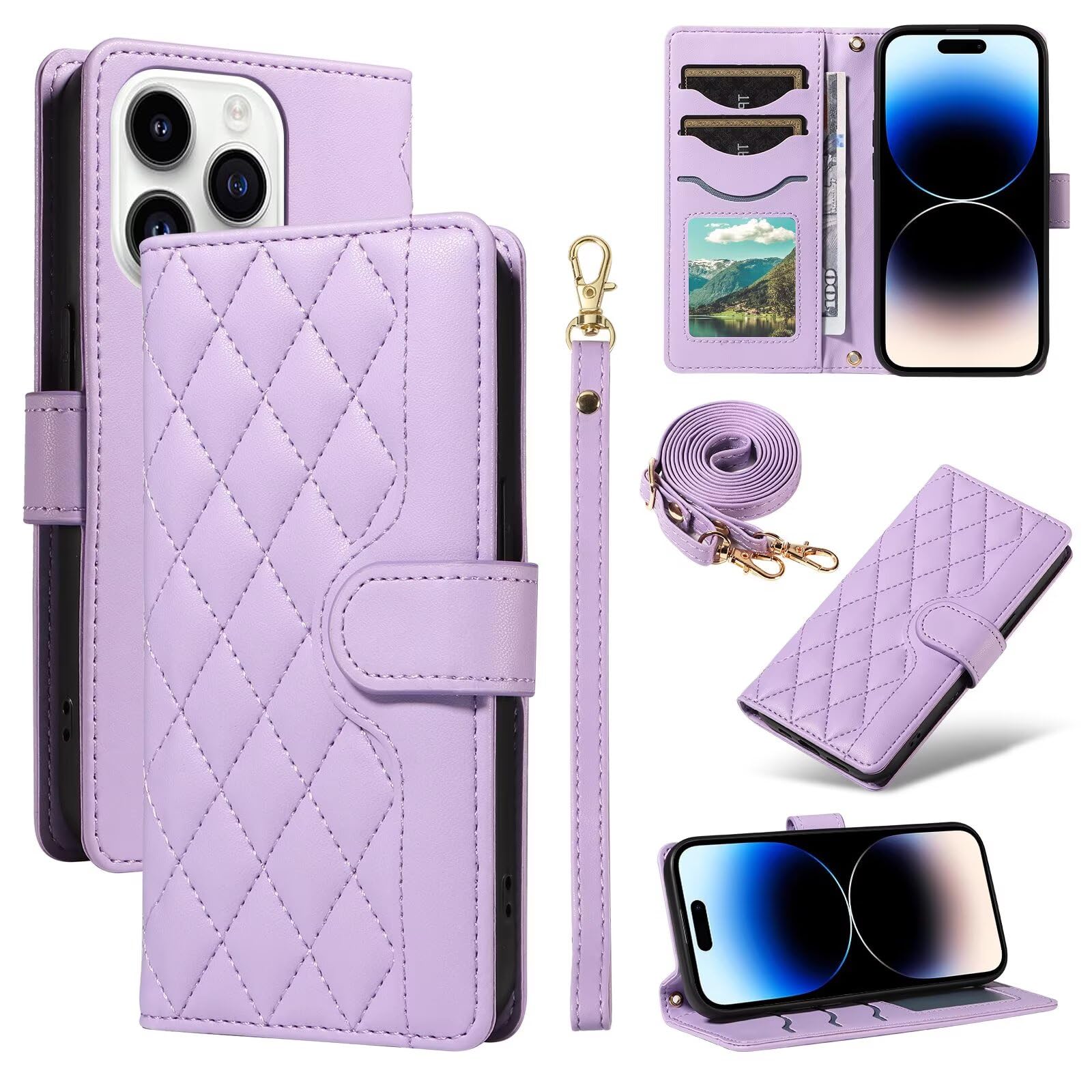 Leather Phone Case Compatible with Huawei P80 Ultra,Holder Wallet with Wrist Strap,Crossbody Strap,Leather Magnetic Kickstand Shockproof Cover -Purple