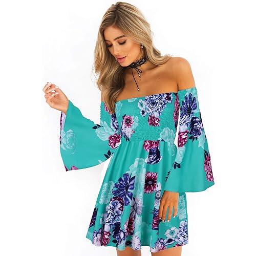 ONEYIM Women's Dress Summer Floral Long Sleeve Off Shoulder Casual Mini Dresses