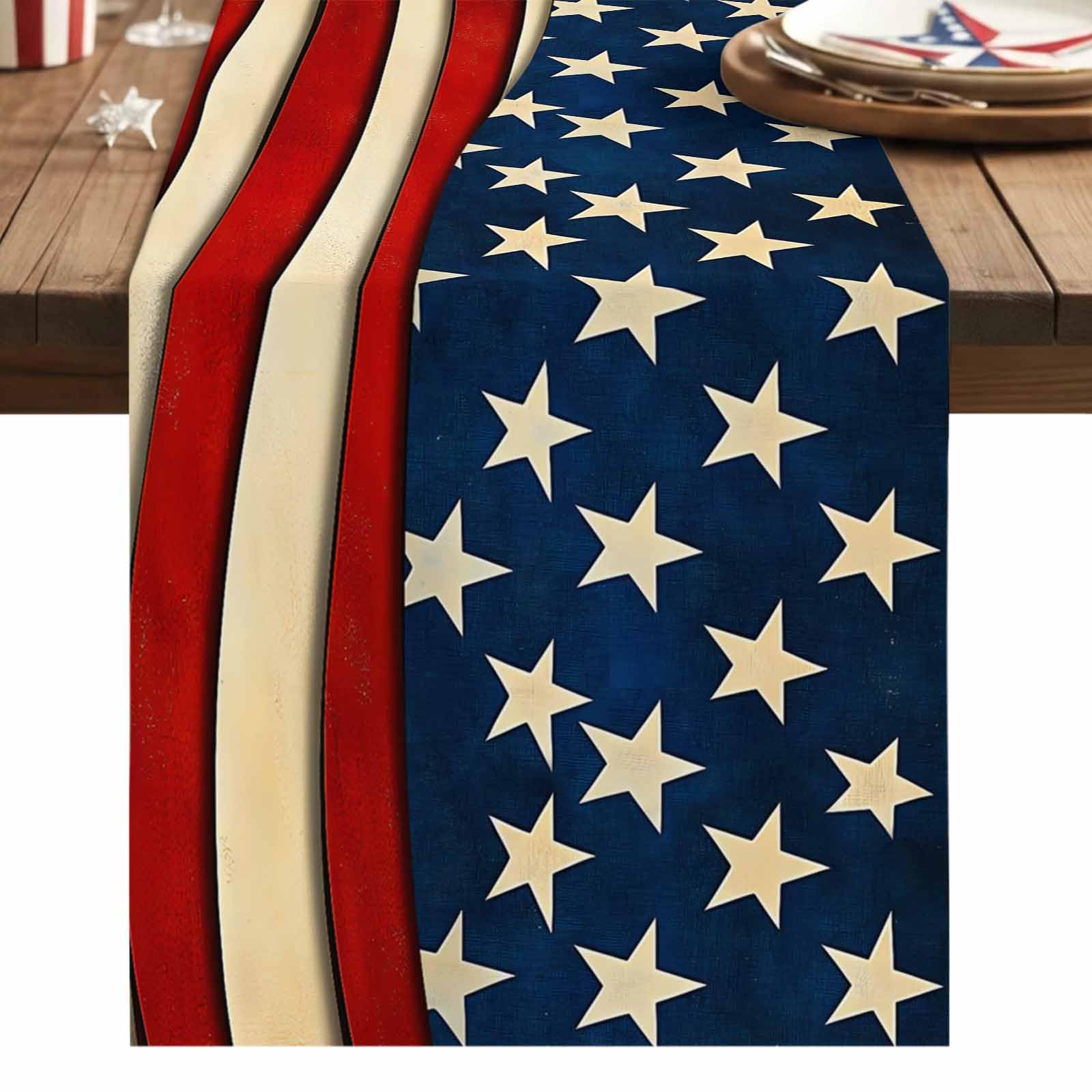 Rustic American Flag Table Runner Independence Day July 4th Table Runners Non-Slip Rectangle Table Cloth for Kitchen Decor USA Flag Patriotic Star