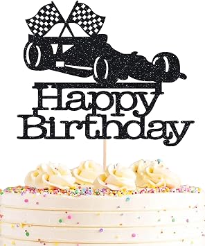 Race Car Cake Topper - Black Glitter Race Car Birthday Cake Decorations - Car Themed Happy Birthday Party Cake Decorations, Photo Booth Props