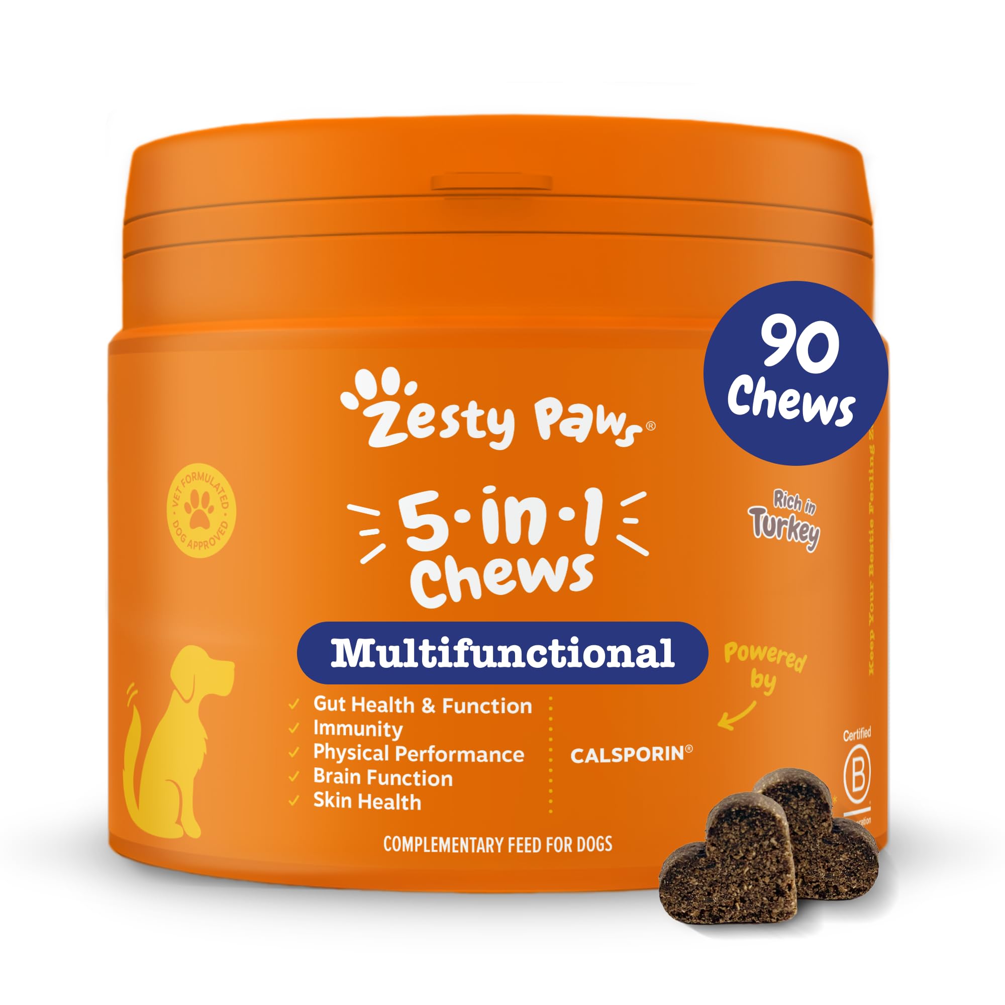 5in1 Multivitamins for Dogs | Supports Skin & Gut Health, Brain Function, Immune System, Physical Performance | With Vitamin A, B & C, Folic Acid, Biotin, L-Carnitine | Daily Use | 90 Chews