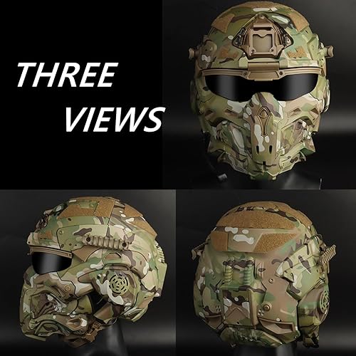 Miniatura 2 de iMeshbean Casco táctico de Airsoft con máscara de cara completa de paintball con auriculares integrados y ventilador antivaho para equipo de caza CS