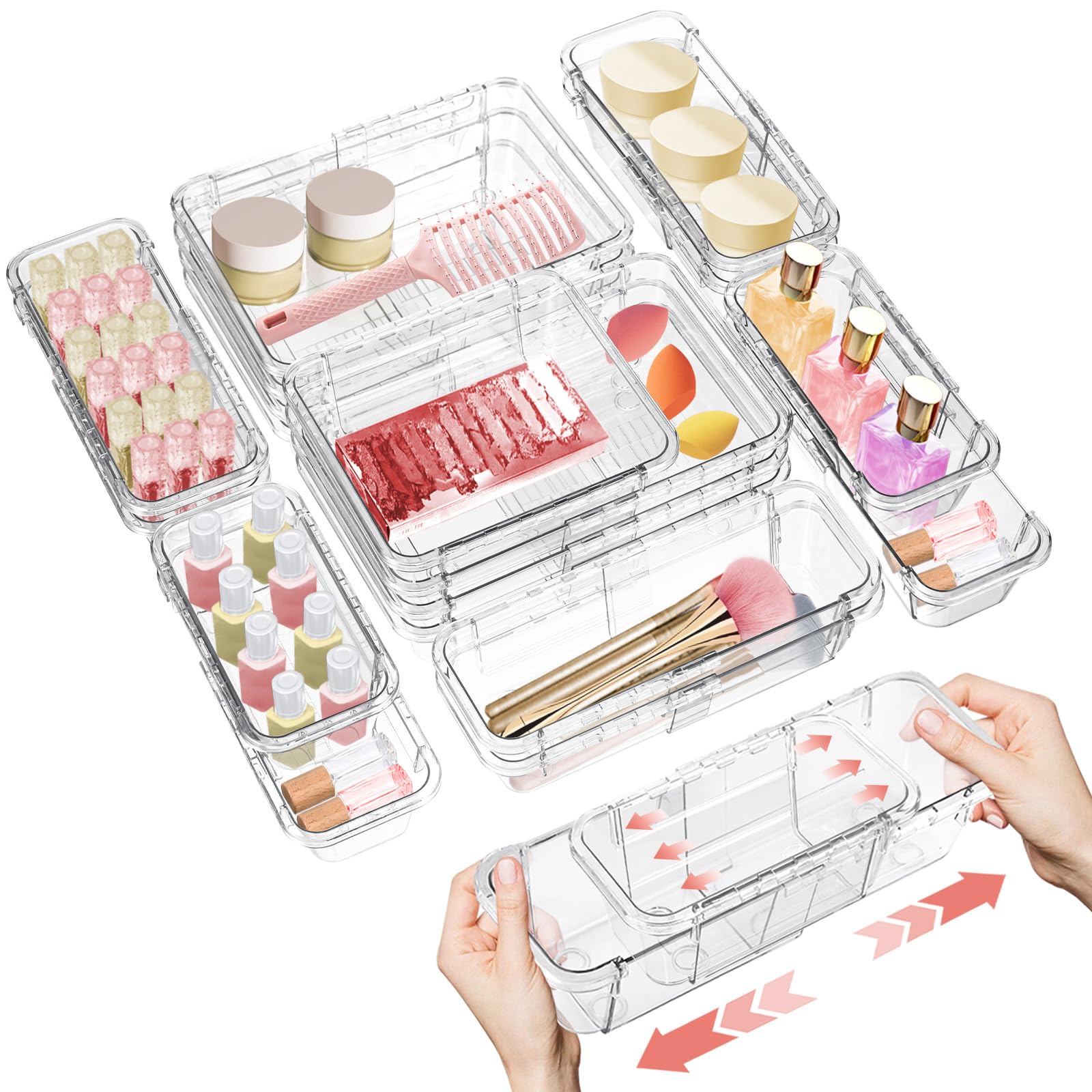 15 organizer trasparenti per cassetti, regolabili, organizer per cassetti da scrivania, bidoni in acrilico per trucchi, cosmetici, gioielli