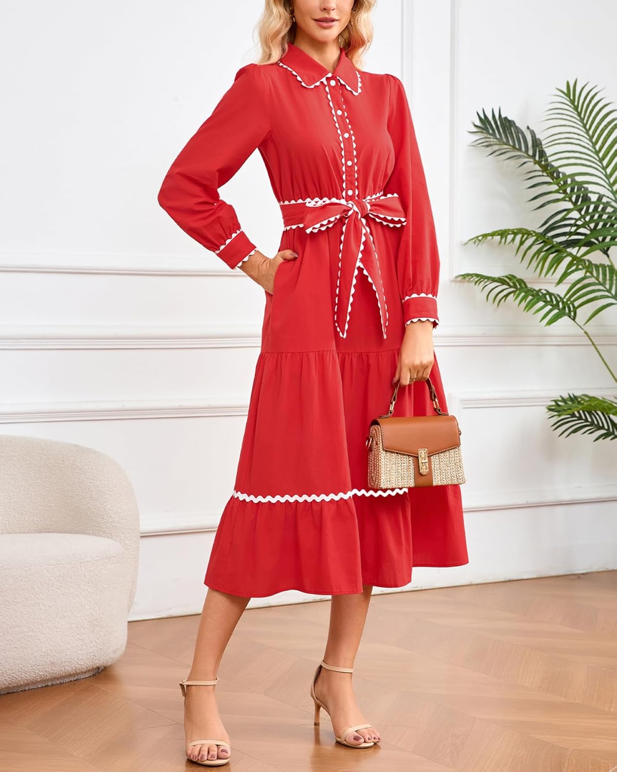 Women's Long Sleeve Midi Dress Casual V Neck Button Down RIC Rac Tiered Flowy Tie Waist Shirt Dress - Image 4