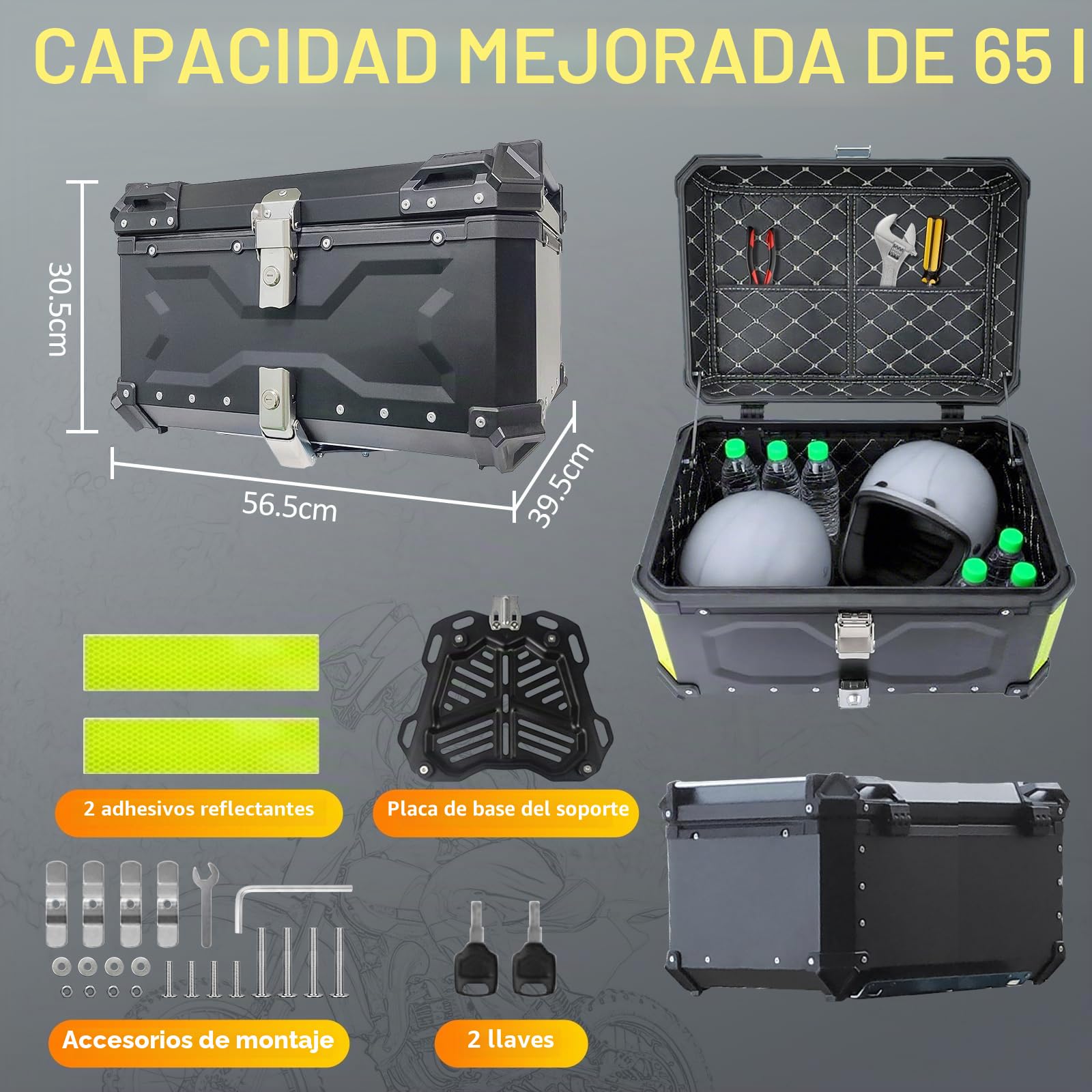 Baúl Moto 65L Universal de Aluminio – Impermeable IP68, Cofre Trasero Antirrobo para 2 Cascos, con Desmontaje Rápido para la mayoría de Motos & Scooter