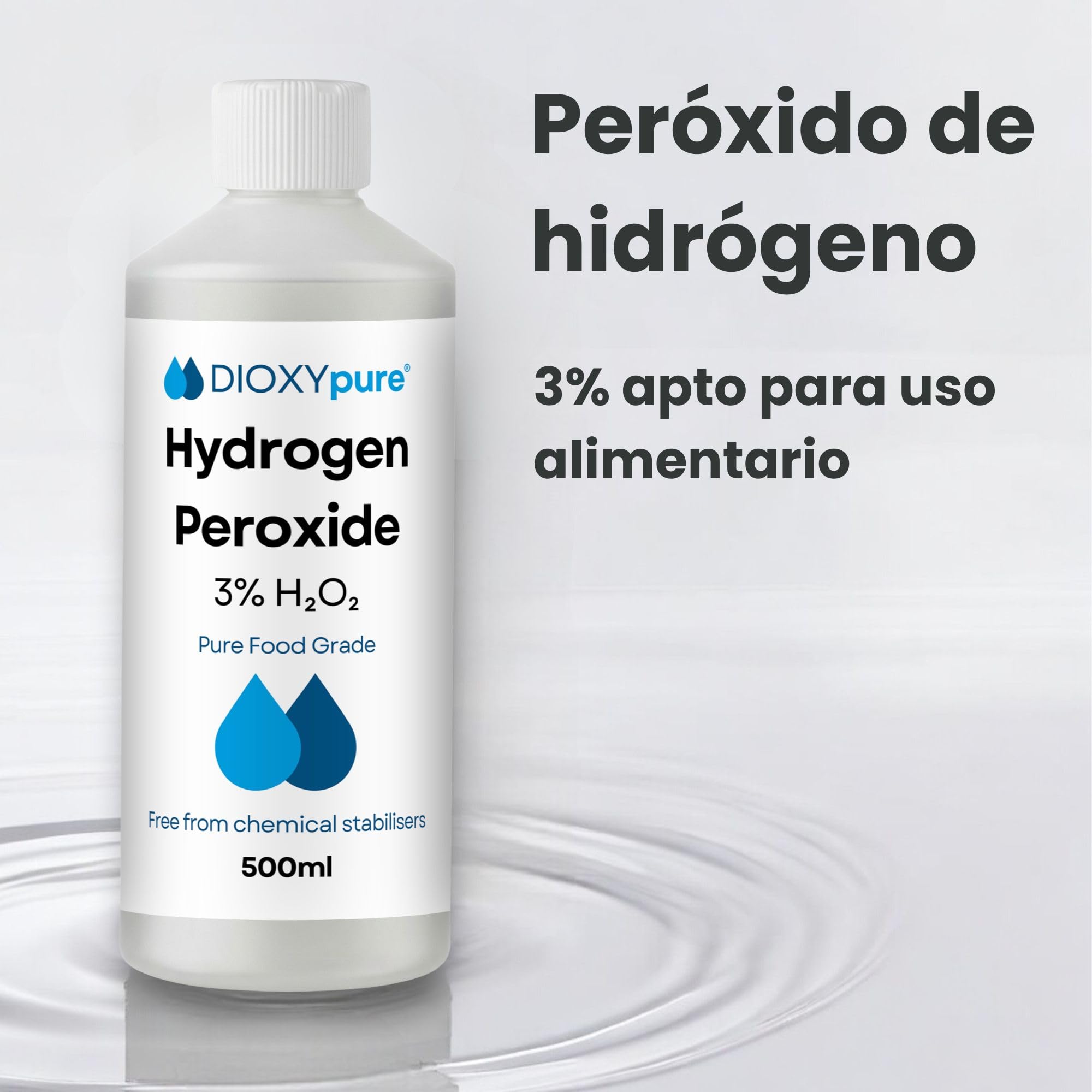 Paquete de 2 - Peróxido de Hidrógeno de Grado Alimenticio al 3% - 2 x 500 ml - H₂O₂ - Agua Oxigenada - Sin Estabilizadores ni Aditivos - Limpiador Multiusos Natural - Tapa a Prueba de Niños