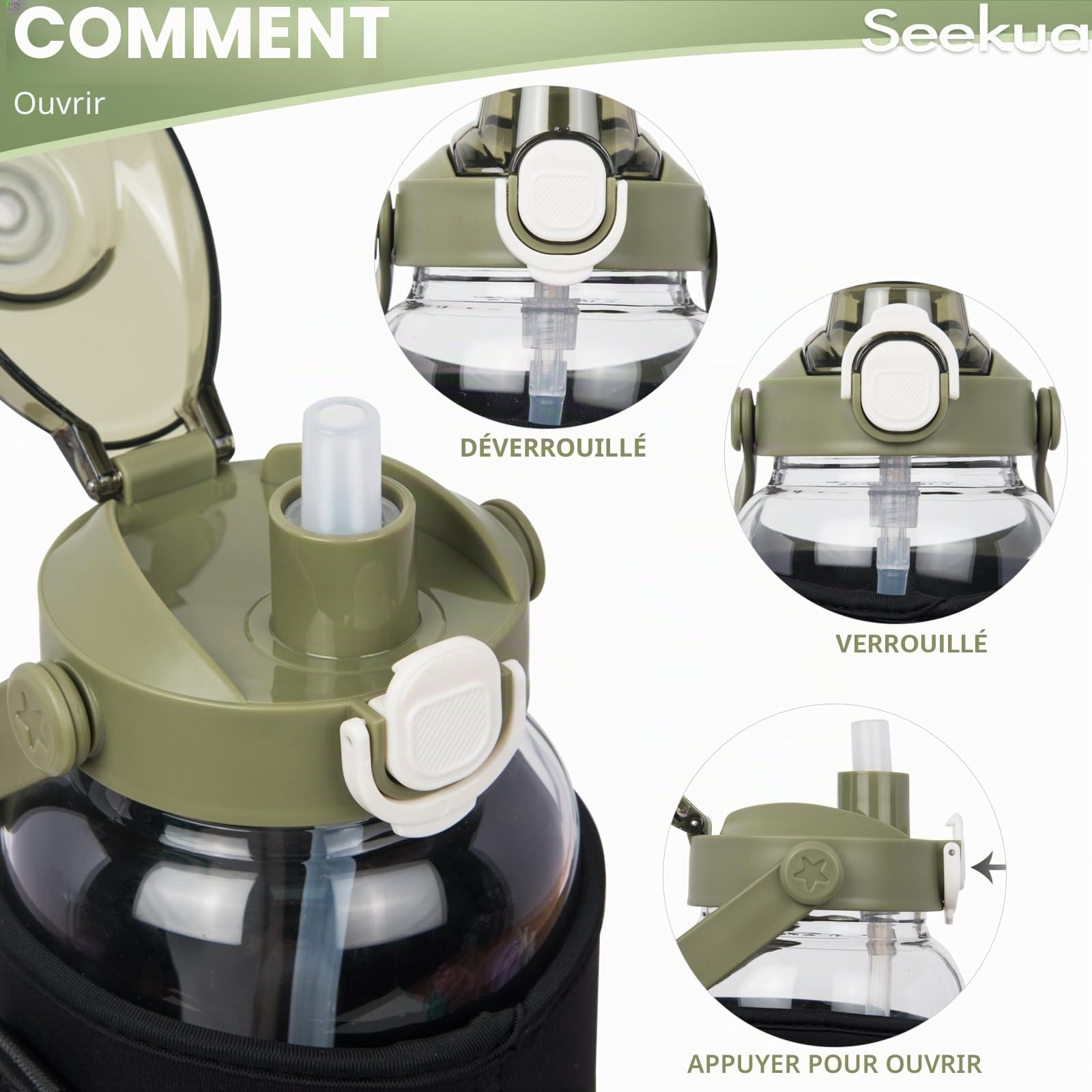 2l Sport Gourde Verre avec Paille & Infuseur à Fruits 2 litres grande Bouteille d'eau Verre avec Marqueur de Temps & Heure de Motivation