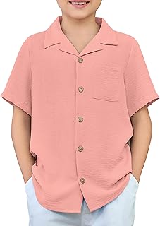 Niños Camisa Cuello Cubano Verano Chicos Manga Corta Botones Shirt Color Puro Moda Básica Camisa Casual para Niños 5-13 Años