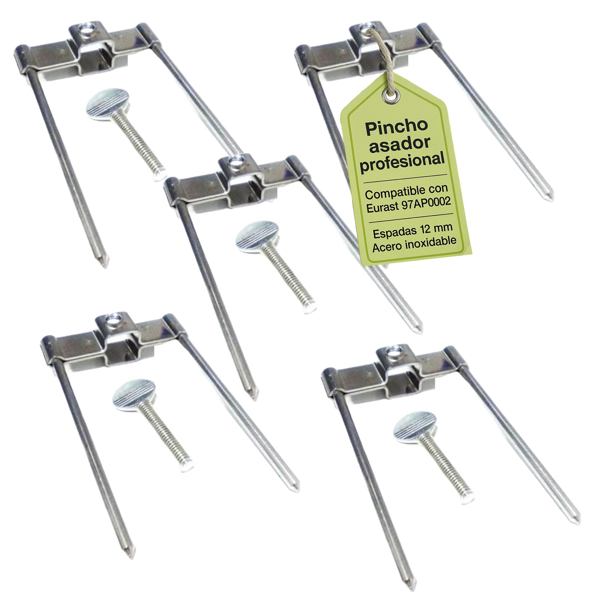 Pincho Asador con Tornillo Pack 5 Recambio Profesional para Asador Pollos Compatible con Eurast 97AP10002 Acero Inoxidable para Espadas 12mm Maquina Hosteleria Bar Restaurante