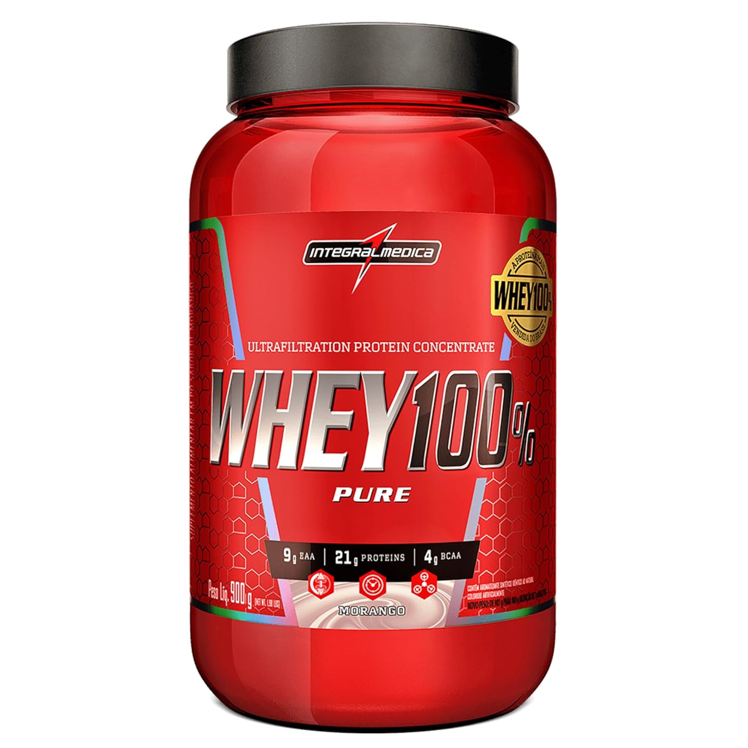 Integralmedica – Whey Protein Concentrado Morango 100% Pure – 21g de Proteína por Scoop, Suplementação Alimentar Pós-Treino, Fórmula Enriquecida com BCAAs – Pote 900g