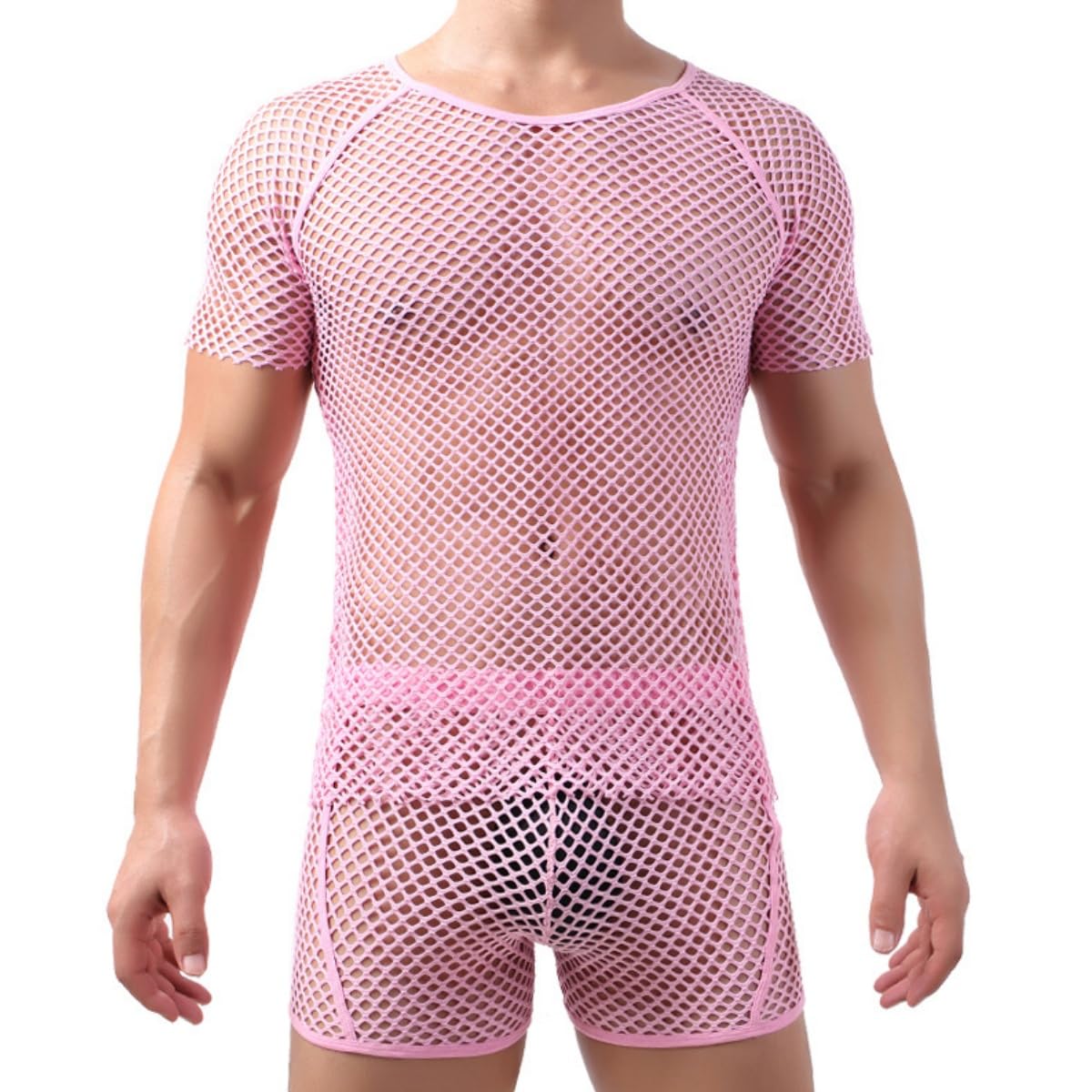 Hybursky Men's Pink Mesh T Shirt, Short Sleeve Fishnet See Through Tank Top For Party Crop Tops, Novelty Crew Neck Mesh Fitted Muscle Top, Hollow Out Workout Tee Shirt Undershirt Gym Training Summer Clubwear