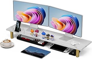 TEMI Monitor Stand Riser - Monitor Stand for Desk with Faux White Marble - Computer Monitor Stand with Height Adjustable - Large Desk Stand for Monitors - 39 Inch Wood Desk Shelf for Laptop/Computer/TV/Printers