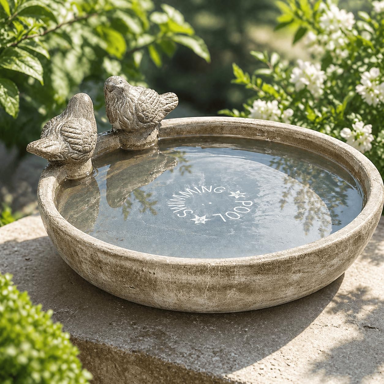 Vogeltränke Vogelbad Gartenvögel Wasserschale Vogeltränke Vogelbecken mit 2 Deko-Vögeln 26 cm rund für Balkon Terrasse Garten Dekoschale Wasserstelle für Wildvögel - 2 Stück