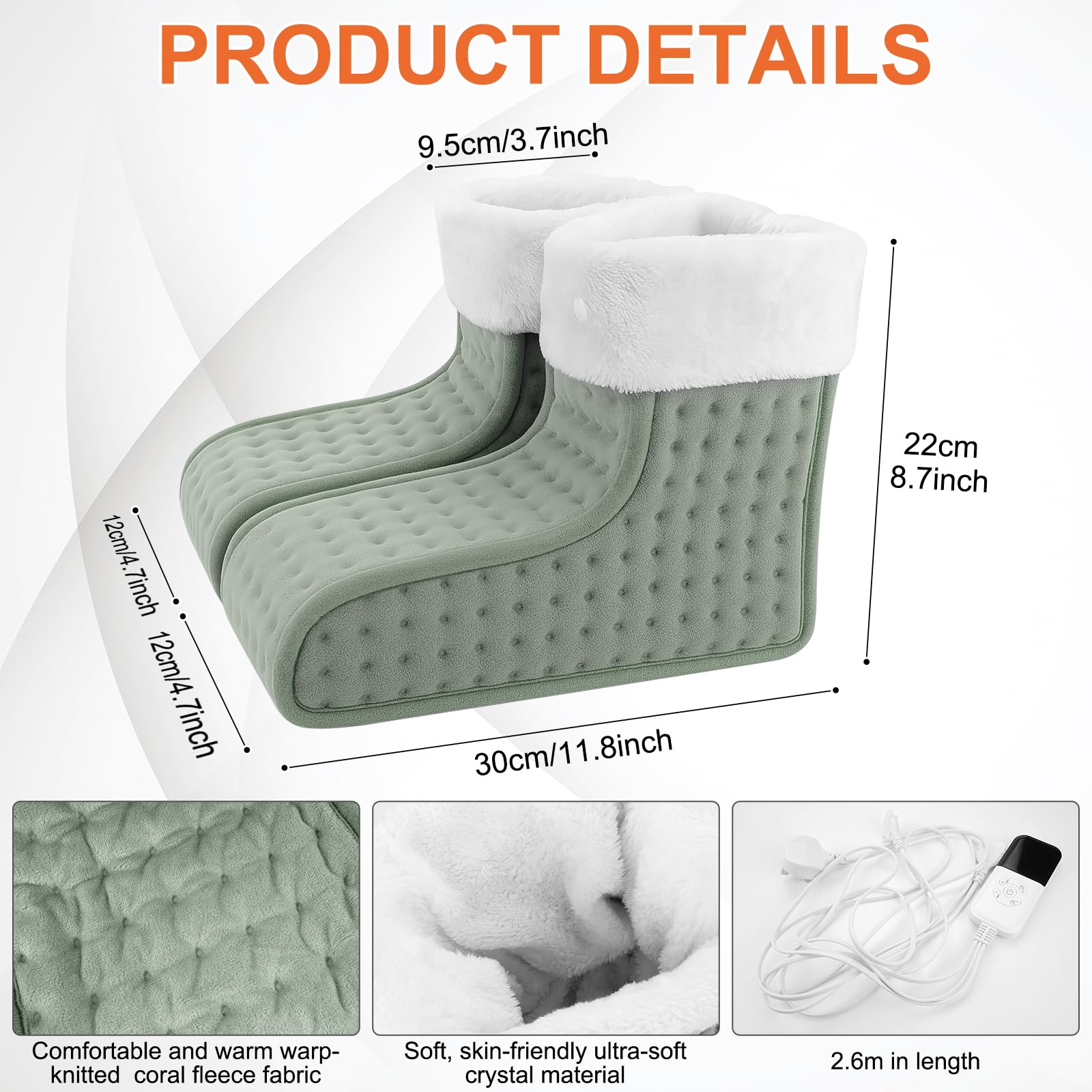 Chauffe-Pieds Électrique, Séparé Chausson Chauffant Electrique avec doublure intérieure lavable, 30℃-70℃ température réglables, 90 minutes Minuteries intelligente, Lavable en Machine