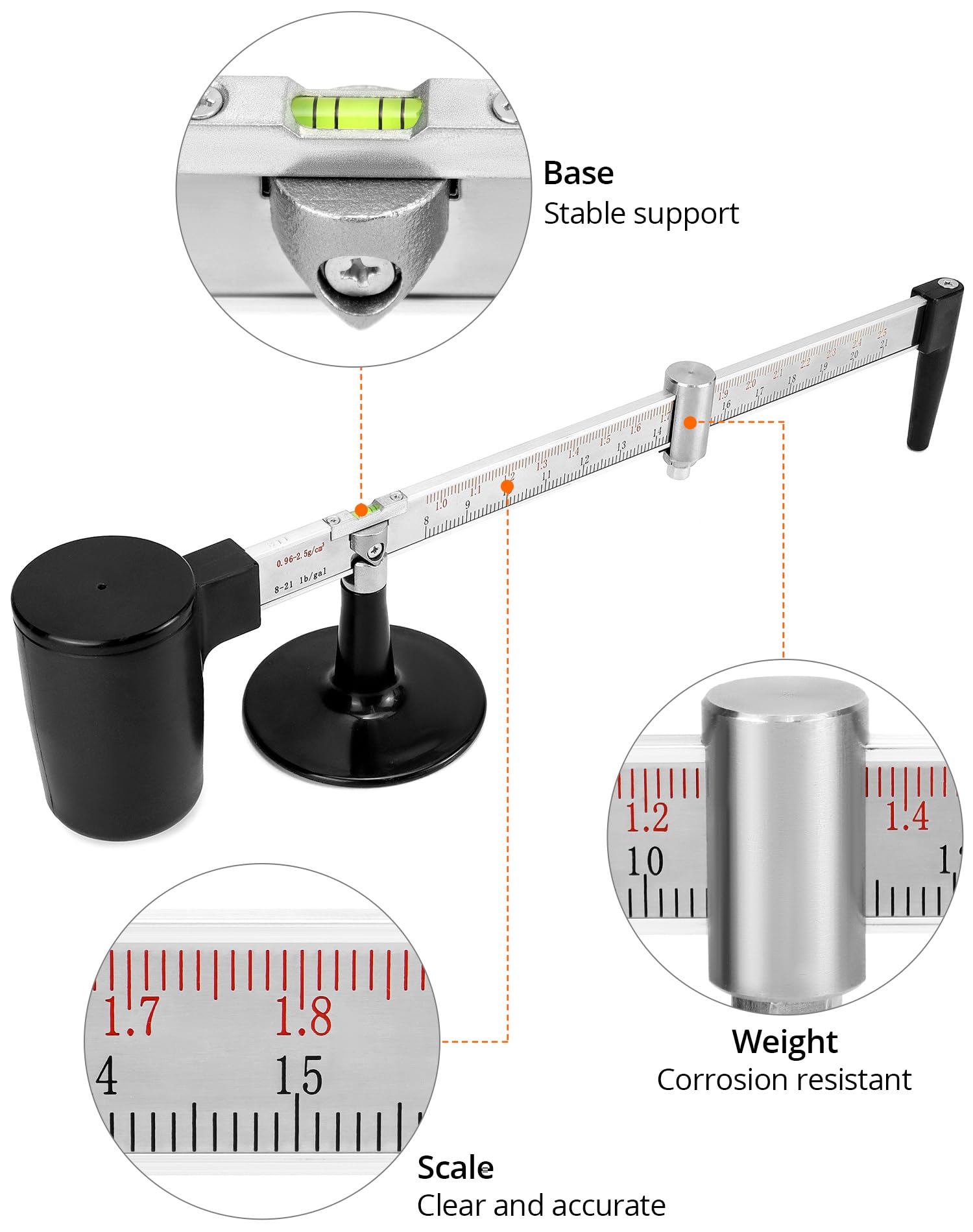 QWORK Hidrómetro de lodo – Densímetro líquido de escala de lodo de plástico de ingeniería 0,96-2,5 g/cm³, grado profesional 0,01 g/cm³, alta precisión y durabilidad, equilibrio de gravedad de lodo