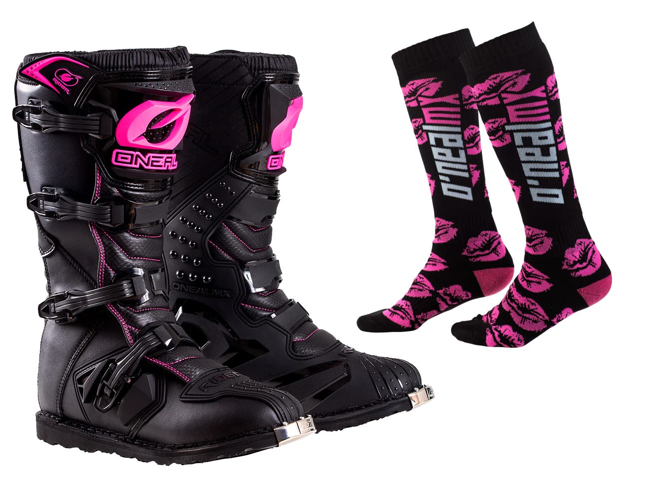 O'NEAL Womens Rider Boots with Pro MX Socks Combo (Black/Pink, 7)