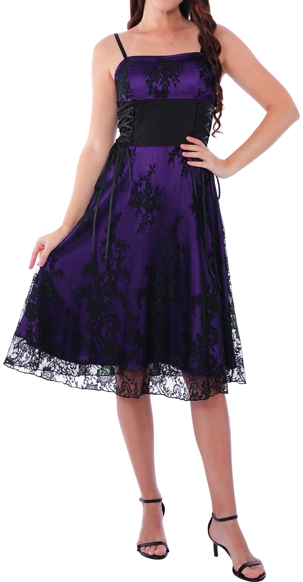 Womens Western Lace Costume Goth Vampire Dresses Victorian Vintage Outfits Mesh Flowy Spaghetti Strap Gowns Medieval Bride Wedding Dress Purple M