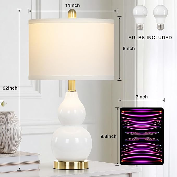 luxeflow 22" Modern Double Gourd Ceramic Table Lamps Set of 2, White Bedside Lamps for Living Room, Contemporary Nightstand Desk Lamps for Bedroom End Table Home Office Decor(2 LED Bulbs Included) photo 5