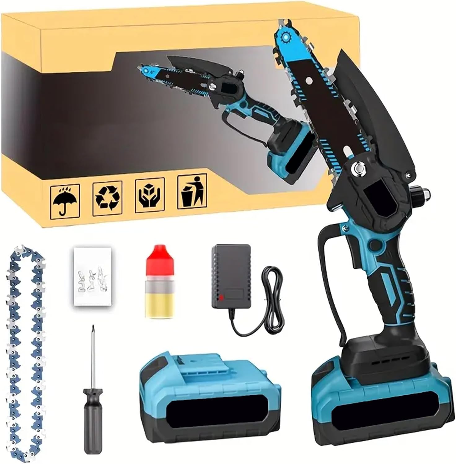 Mini cordless handheld chainsaw - lightweight and portable electric logging machine with splash guard and safety lock, rechargeable batteries for men and households (2025 new electric saw)