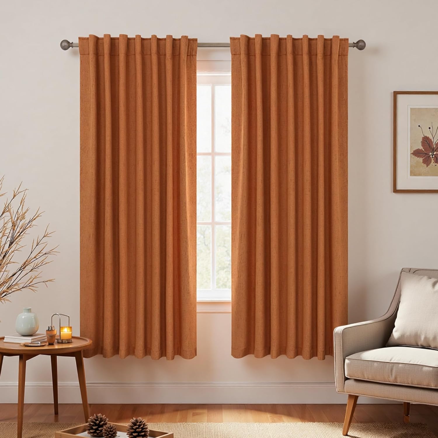 KOUFALL Hippie Curtains 63 Inch Length for Living Room,Blackout Boho Burnt Orange Linen Room Darkening Funky Curtains for Bedroom 63 Inches Long 2 Panel Set
