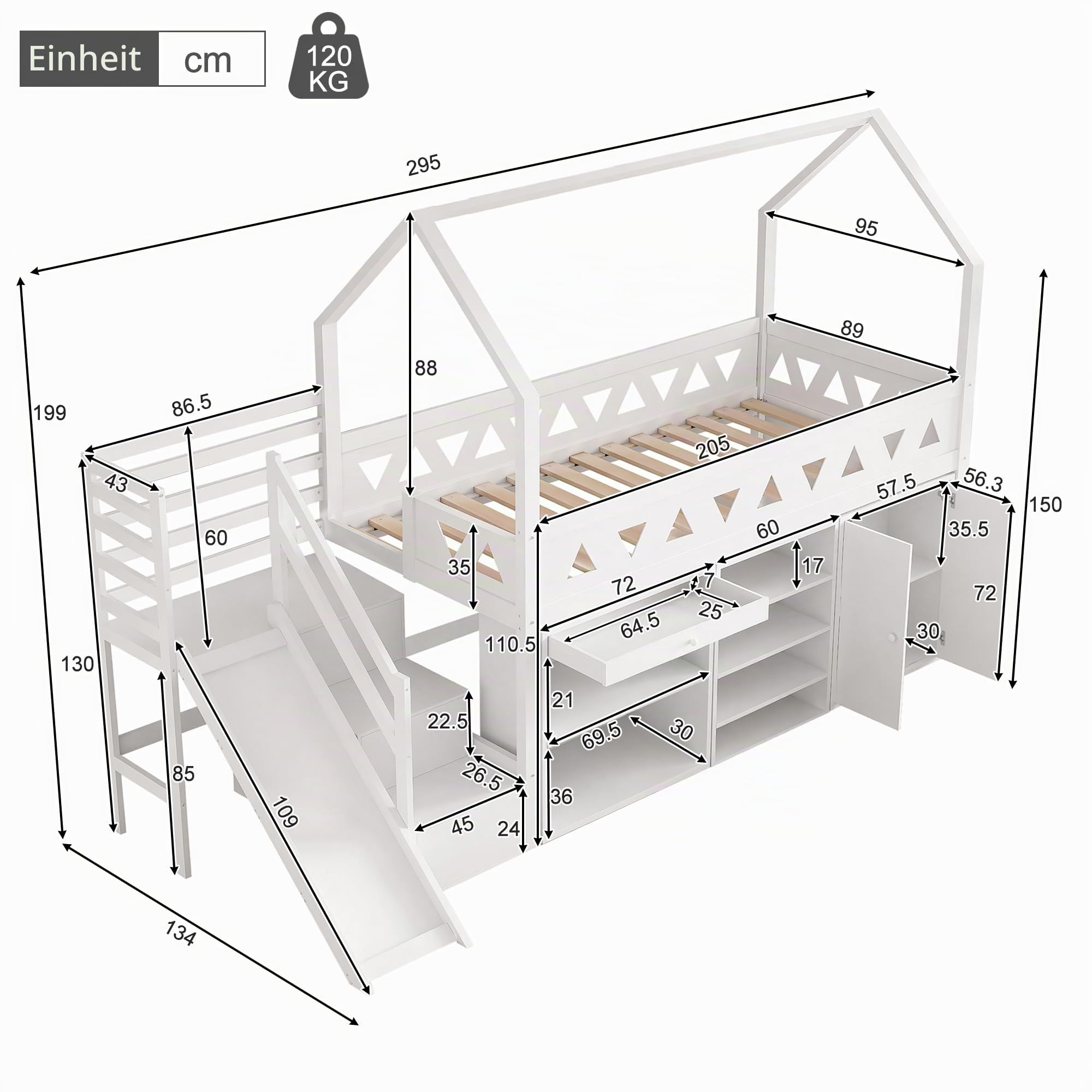 Kinderbett 90x200 mit Rutsche und Treppen, Weiß | Hochbett mit Magnetischer Tür, Hausbett für Kinder und Jugendzimmer, Massivholz mit Lattenrost, Ohne Matratze