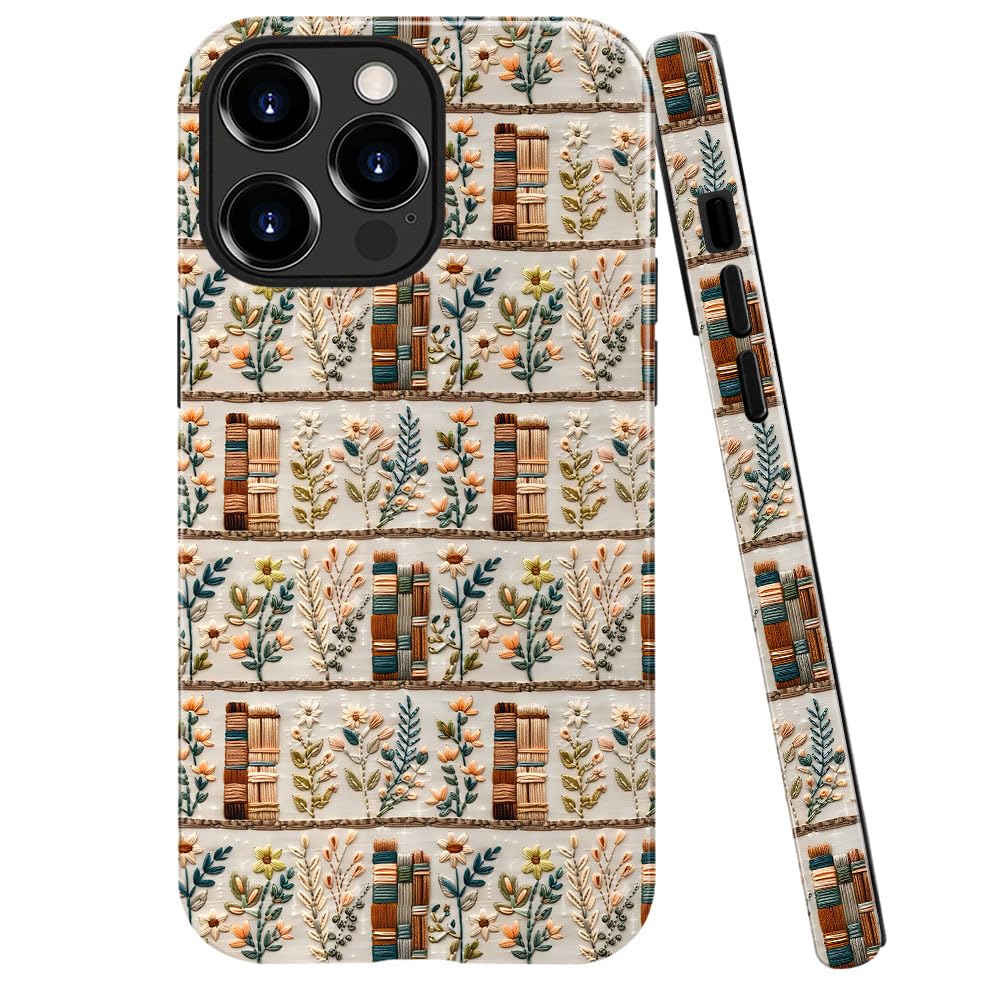 Compatible with iPhone 16 Pro,Anti-Scratch Glossy Case Cover,Embroidery Book Flowers Bookshelf