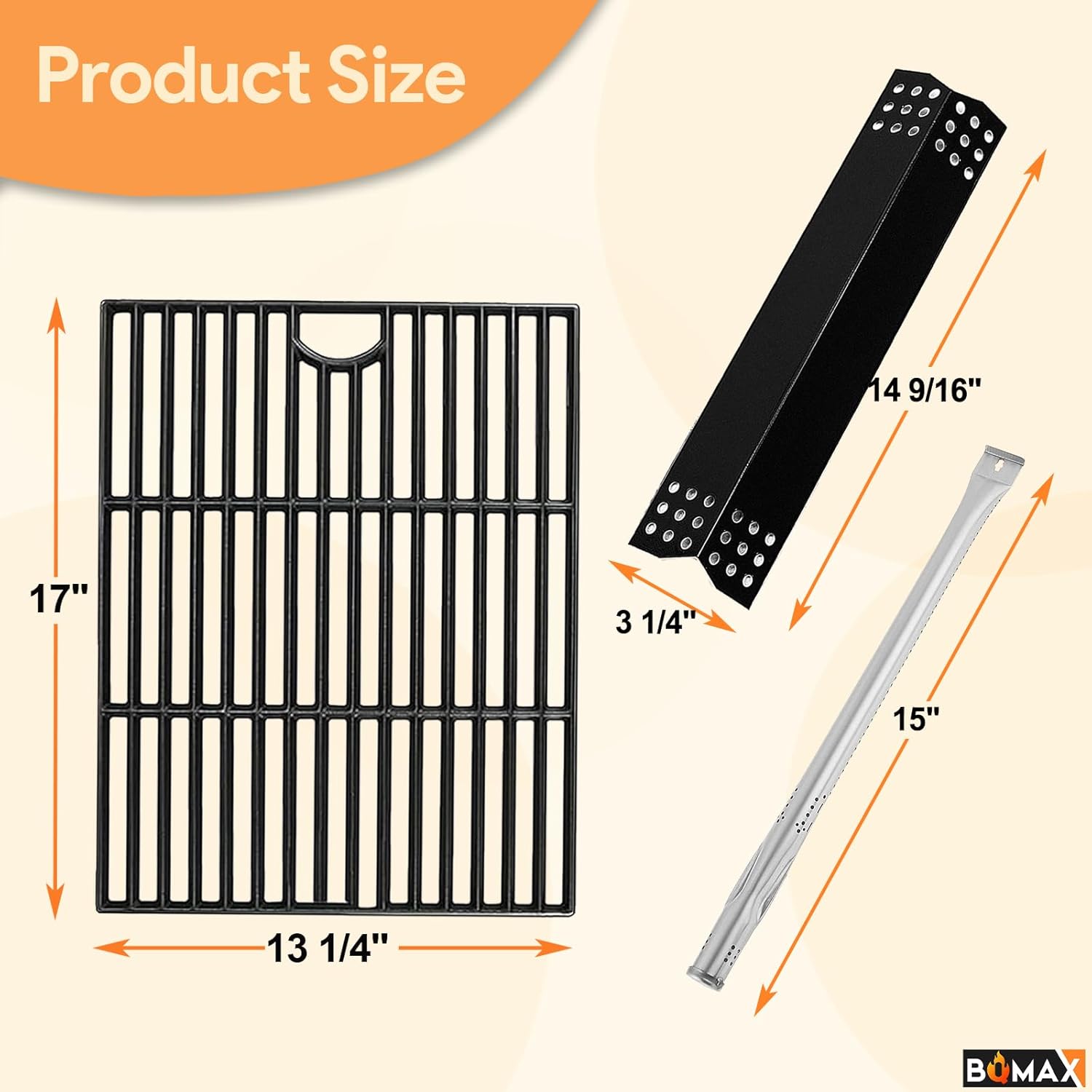 Image displaying the dimensions of the cooking grates (17x13 1/4 inches), heat plates (14 9/16 x 3 1/4 inches), and burner tubes (15 inches long).