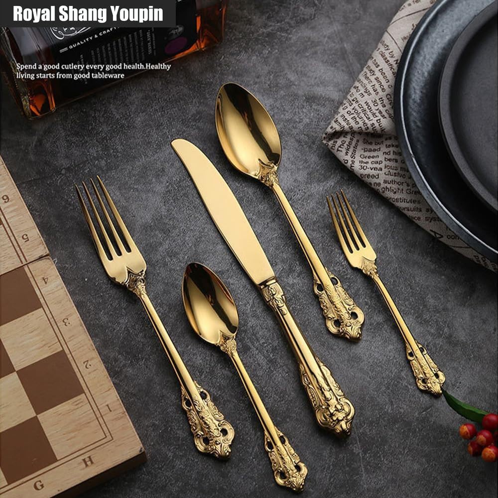 Set di posate in acciaio inox goffrato, 20 pezzi, eleganti posate per bistecca, forchette, cucchiai e dessert, resistenti, lavabili in lavastoviglie, per cucina e sala da pranzo