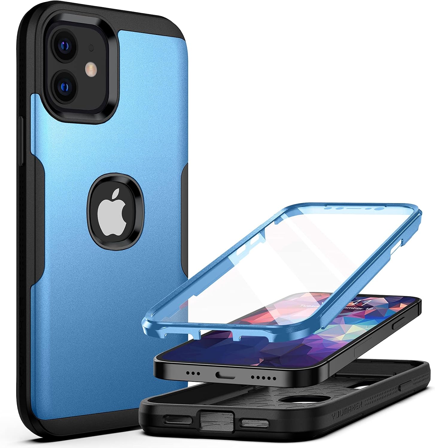 YOUMAKER Metallic Designed for iPhone 12 Mini Case, Full Body Rugged with Built-in Screen Protector Heavy Duty Protection Slim Fit Shockproof Cover for iPhone 12 Mini Case 5.4 Inch - Blue/BK