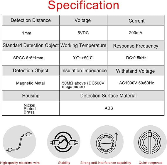 Heschen M8 Proximity Sensor Switch, 5VDC 200mA, NPN NO, 1mm Detecting Distance, Magnetic Metal Detect, 8mm Mounting Hole, 120cm Cable, IP67 Protection, LJ8A3-1-Z/BX-DC5V