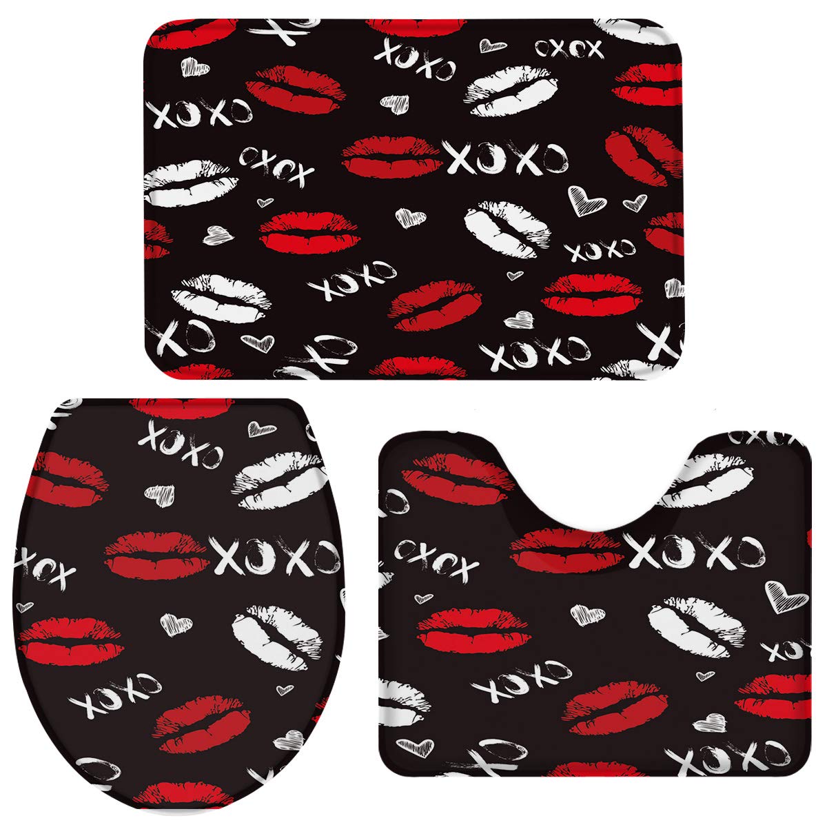 3 Pieces Bath Rug Set Toilet Seat Cover Sexy Lips Black White Red Print Contour Rug, Pedestal Mat and Toilet Lid Cover?Non-Slip Bathroom Floor Mat Large Size