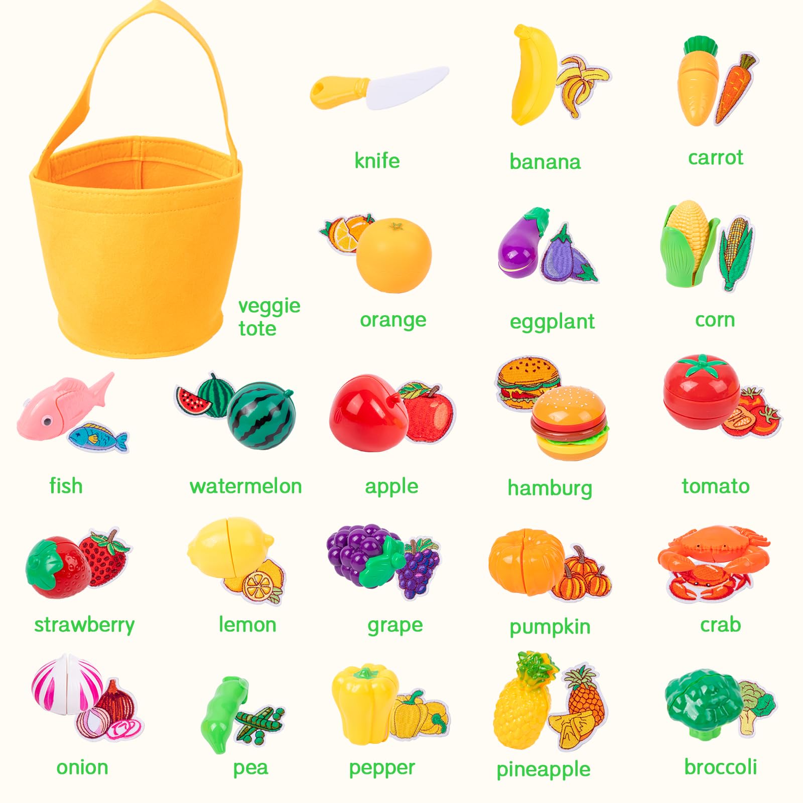 42 PCS-Velcro Sorting Play Food Set,Plastics Cut Food,Fruit,Vegetable Accessories with Baskets and Knife-Cutting Play Food Toy for Kids Kitchen,Pretend Cooking Play Toys for 3 4 5 Years Old Boys Girls