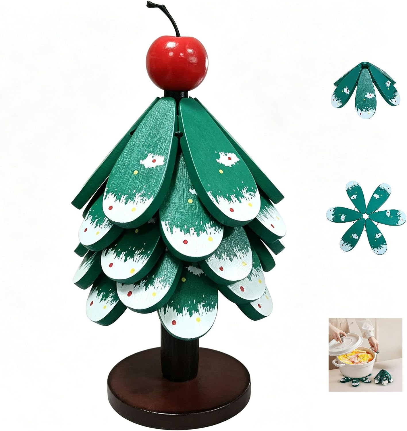 Wooden Trivets for Hot Dishes, Christmas Tree Trivet Set, 5 Trivets + 1 Stand, Green Foldable Kitchen Trivets for Pot, Bowl, Teapot, Hot Pot Holder, Xmas Gifts