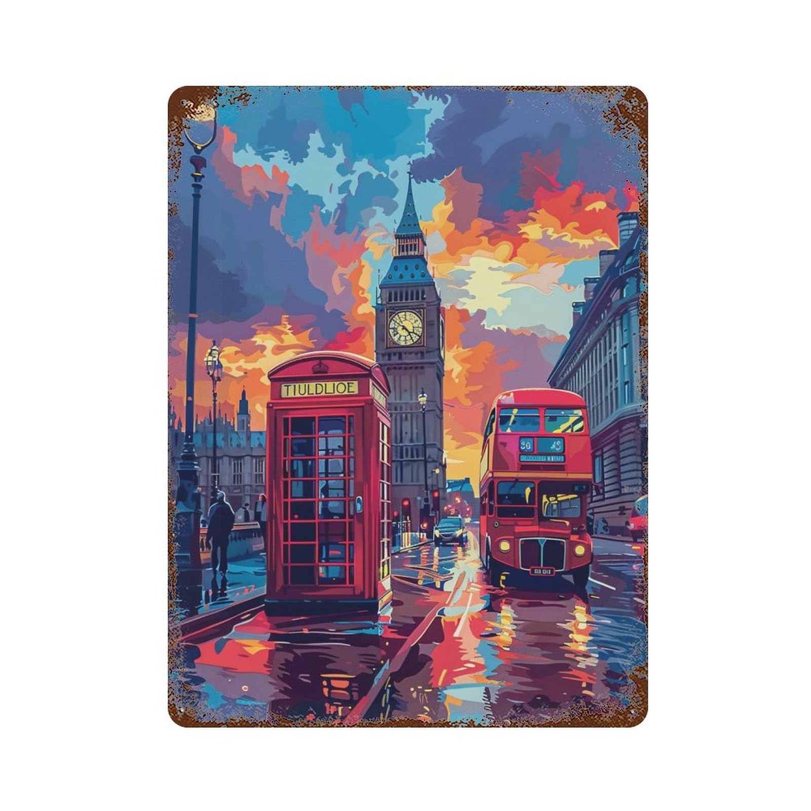 London Sunset Scene Vintage Rust Metal Sign 15.7"x11.8", Shabby Chic Decor for Living Room, Hallway And Home Decor