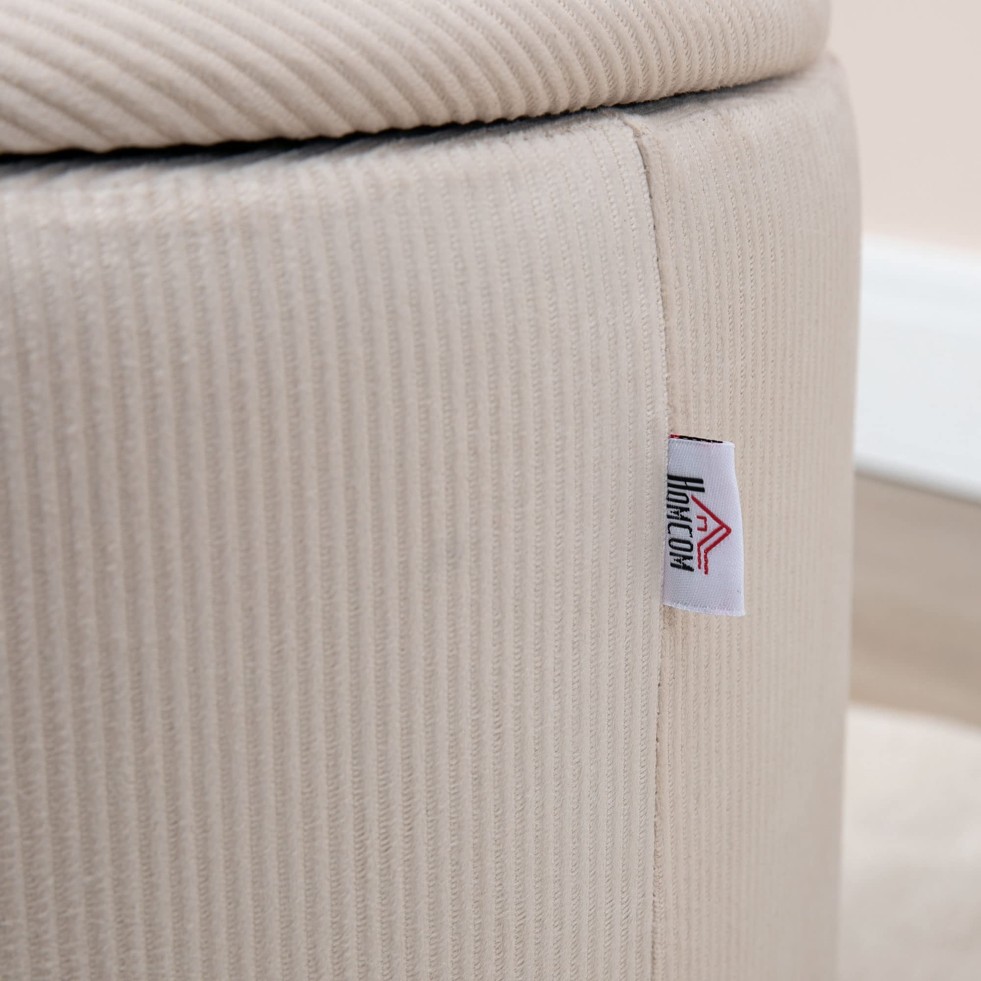 HOMCOM Set di 2 Pouf Contenitore Salvaspazio in Velluto a Coste, Sgabelli Imbottiti Rotondi con Coperchio per Salotto e Camera da Letto, Pouf Poggiapiedi Moderno, Carico 100kg, Bianco Crema