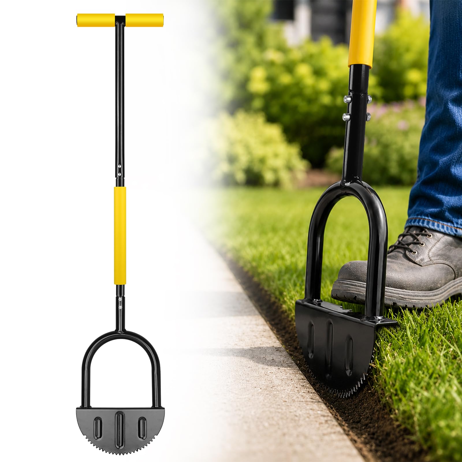 Lawn Edger Tool Carbon Steel Grass Edge Cutter 42-inch Long Handle Manual Lawn Edger Half Moon Garden Edging Tool with T Handle and Saw-Tooth Blade Grass Edge Trimmer for Yard Flower Bed Driveway