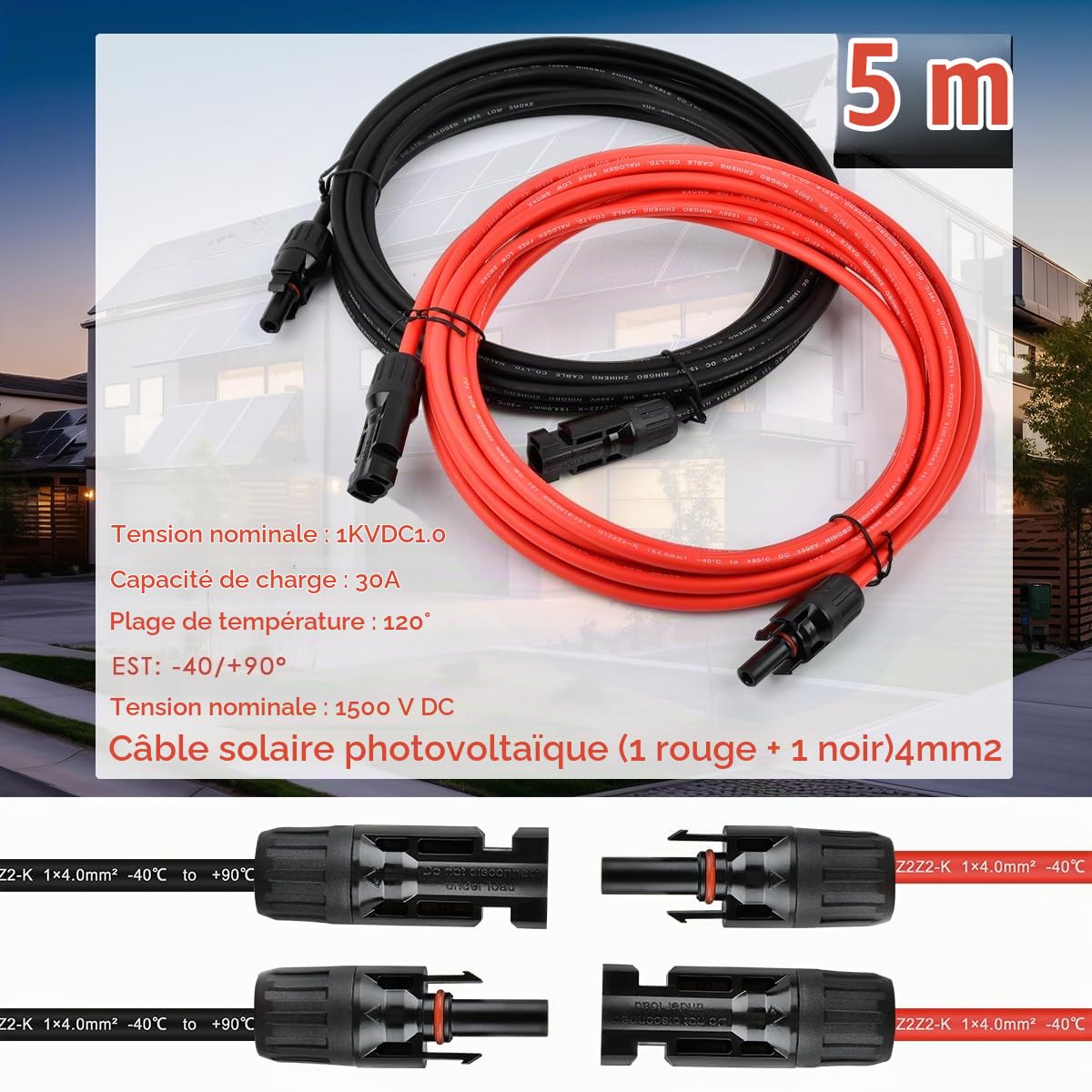 Rallonge de panneau solaire de 4 mm² - 5 m - Câble d'extension de panneau solaire étanche IP68 avec connecteurs femelles et mâles - Connecteurs - Câbles et adaptateurs (rouge + noir)